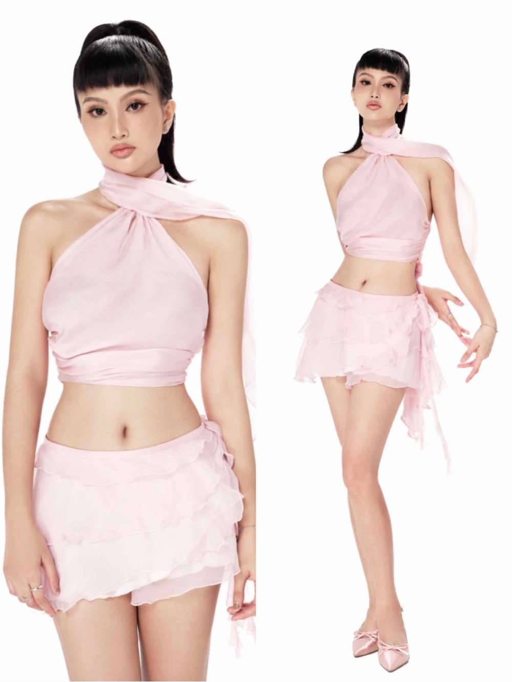 Brand New- Cosette di Ames Volante Silk Chiffon Top & Skirt in Pink 🎀🦢